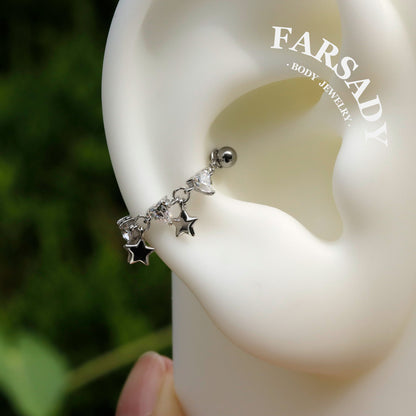 No Rules Star&Heart Chain Charm: Sterling Silver Helix Industril Conch Cartilage Wrap Chain, Dangle Nose Piercing DIY Chain Gold, 25mm 35mm