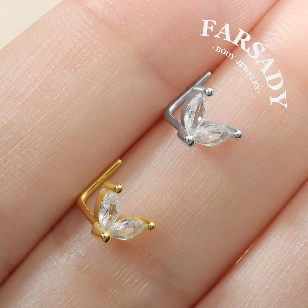 Twin Marquise Sprout - 925 Silver L-Shape Stud / Fit 20G Nose Ring