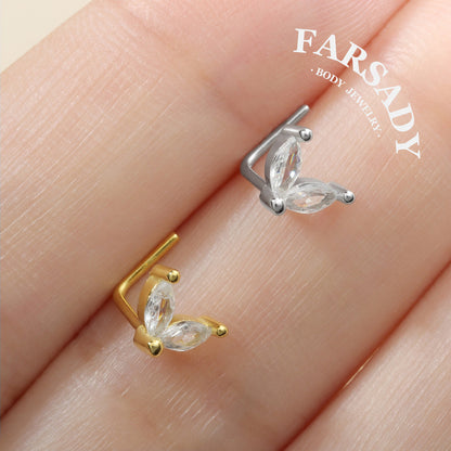 Twin Marquise Sprout - 925 Silver L-Shape Stud / Fit 20G Nose Ring