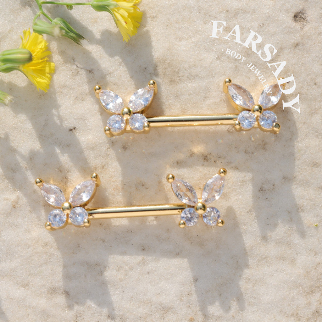 Crystal Butterfly - 2PCS Clear CZ Straight Barbell / Fits 16G Chest Piercing Nose Bridge