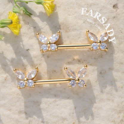 Crystal Butterfly - 2PCS Clear CZ Straight Barbell / Fits 16G Chest Piercing Nose Bridge