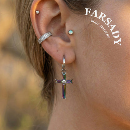 Rainbow Mystic Cross - F136 Titanium CZ Dangle Charm / Interchangeable Hoop Earring Pendant for Helix Daith Cartilage Piercing
