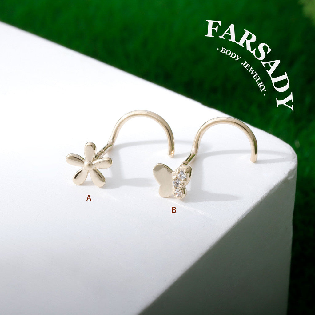 Flora Butterfly - Solid 14K Gold Screw End Stud / Fit 20G Nostril Piercing