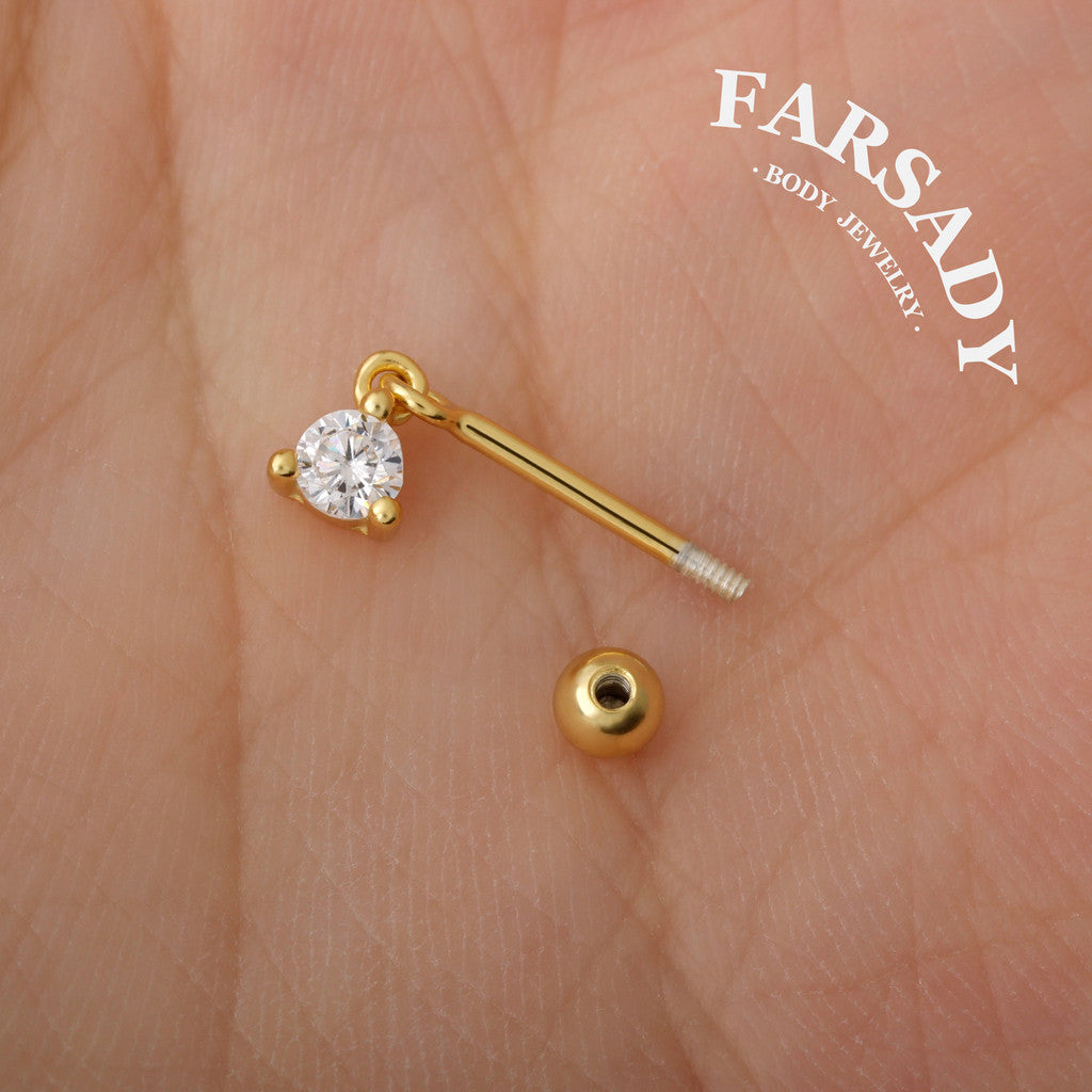 Chime Gem - 925 Silver Round CZ Dangle Stud / Fits Cartilage Helix Tragus Lobe Piercing