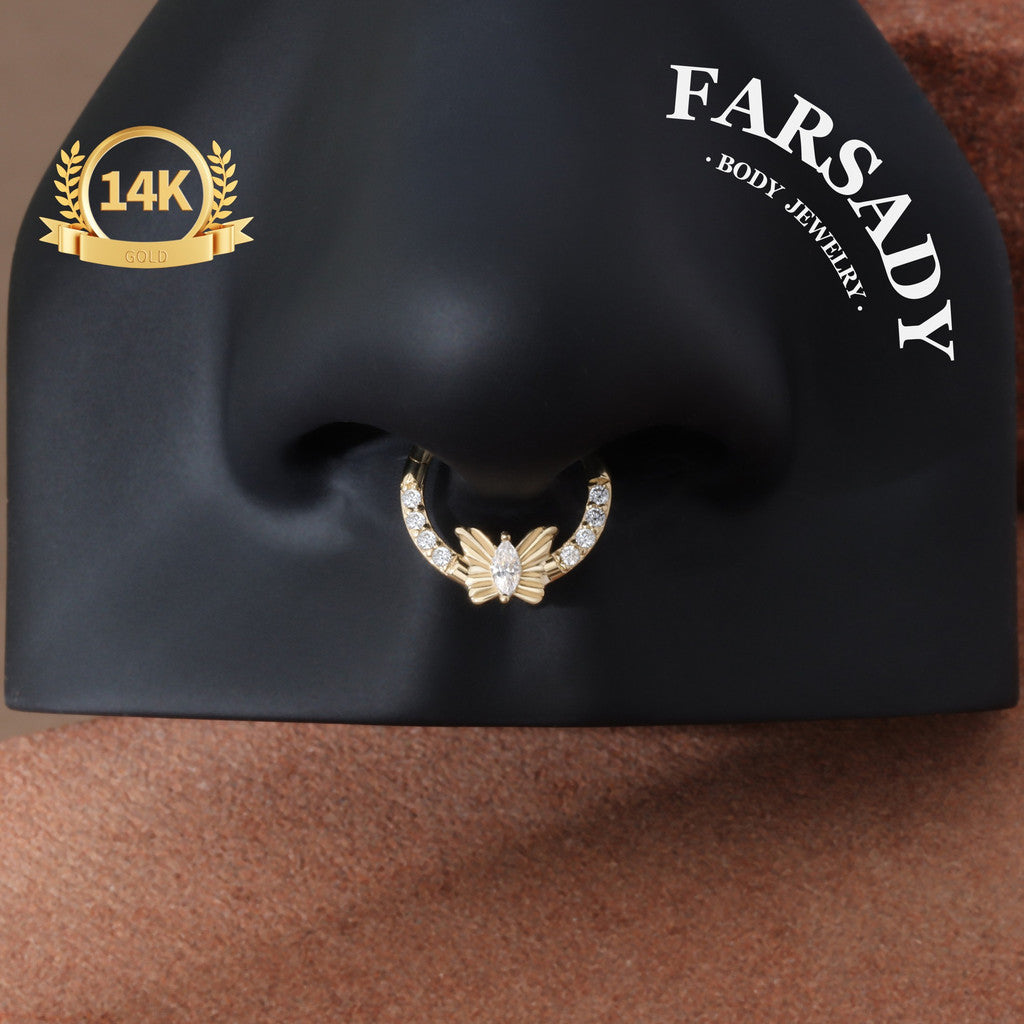 Butterfly Gleam - Solid 14K Gold Hinged Clicker Hoop / Fits 16G Septum Ring Helix Conch Cartilage Earring