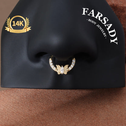 Butterfly Gleam - Solid 14K Gold Hinged Clicker Hoop / Fits 16G Septum Ring Helix Conch Cartilage Earring