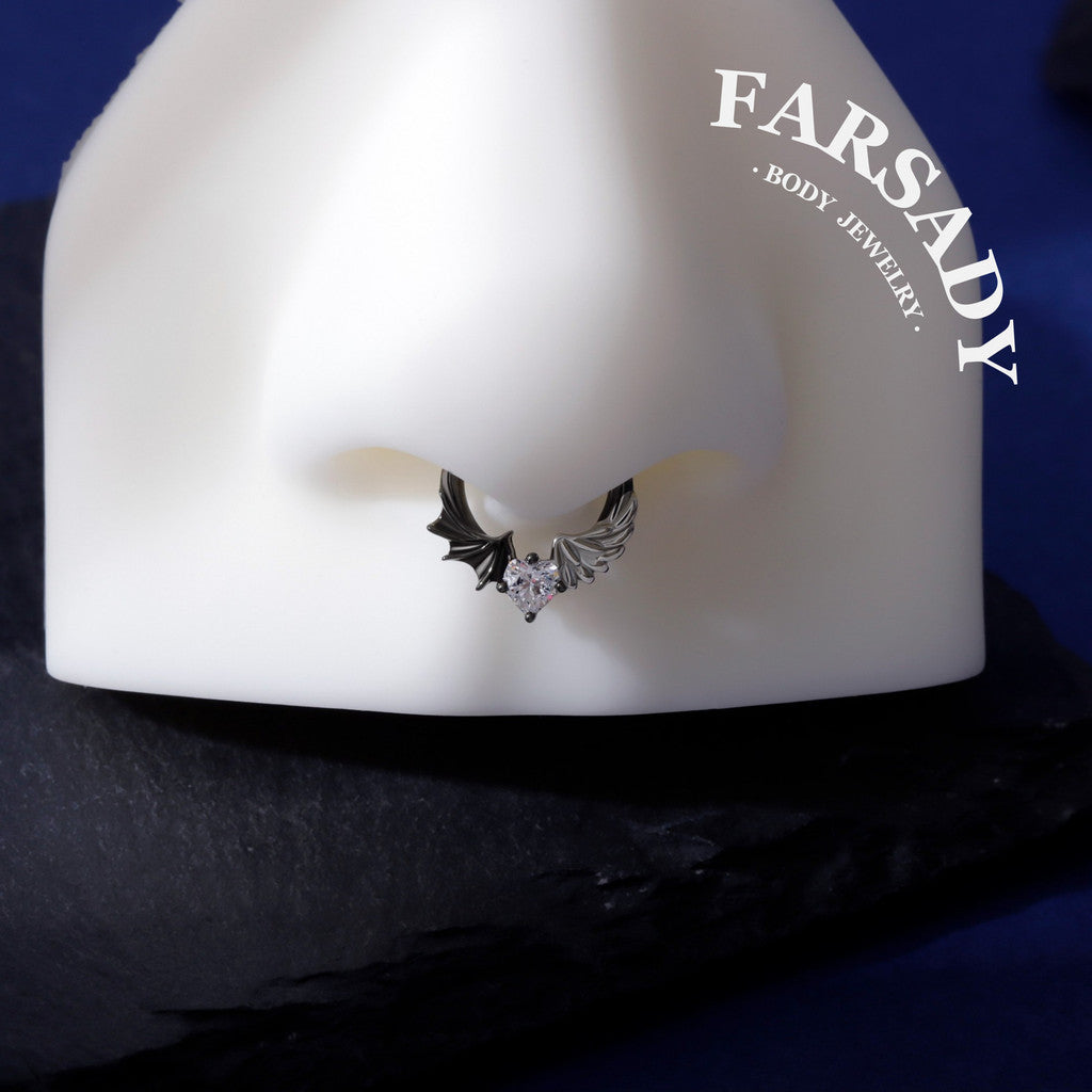 16G Angel VS Devil Septum Ring| Sterling Silver Septum Jewelry| Heart Daith Earring Hoop| Helix Piercing Jewelry| Gothic Piercing Jewelry