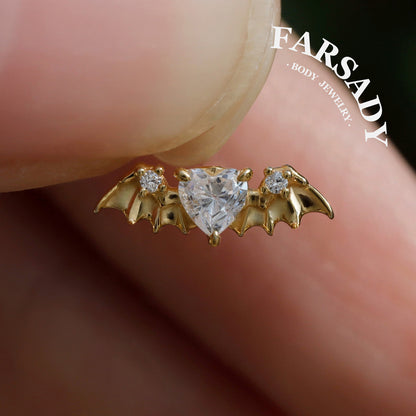 Bat Wing Heart Gem Flat Helix Threadless Stud: Sterling Silver Cartilage Earring, 18K Gold Plated Helix Conch Tragus Lobe Piercing Jewelry