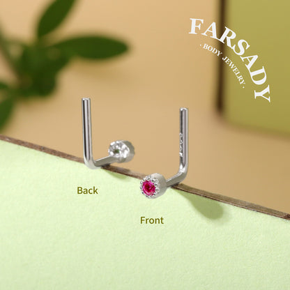Colored Bezel Round CZ - 925 Silver L-Shape Stud / Fit 20G Nose Piercing