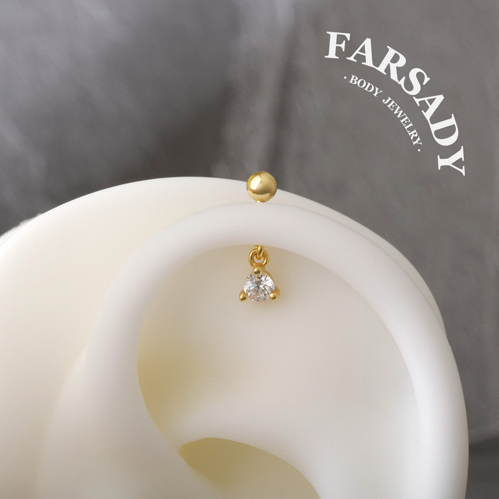 Chime Gem - 925 Silver Round CZ Dangle Stud / Fits Cartilage Helix Tragus Lobe Piercing