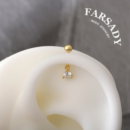 Chime Gem - 925 Silver Round CZ Dangle Stud / Fits Cartilage Helix Tragus Lobe Piercing