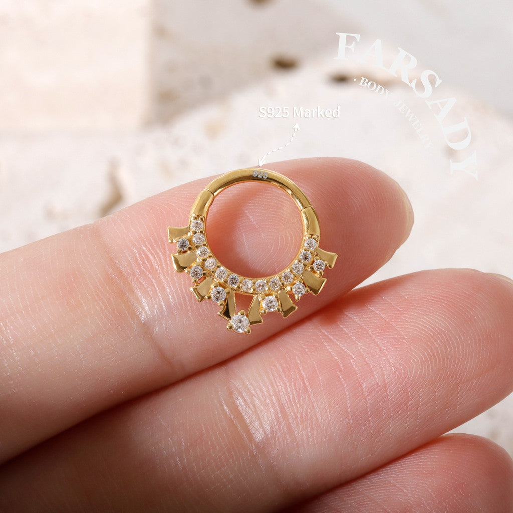 Star Fan - 925 Silver CZ Hinged Clicker Hoop / Fits 16G Septum Ring Helix Conch Daith Earring