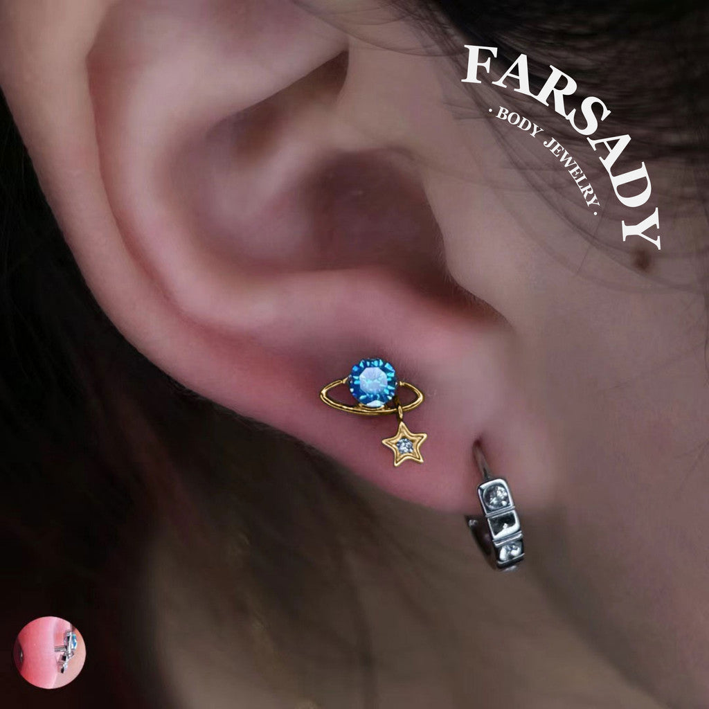 Aquamarine Planet - Solid 14K Gold Internally Threaded Stud / Fits Cartilage Helix Tragus Lobe Piercing