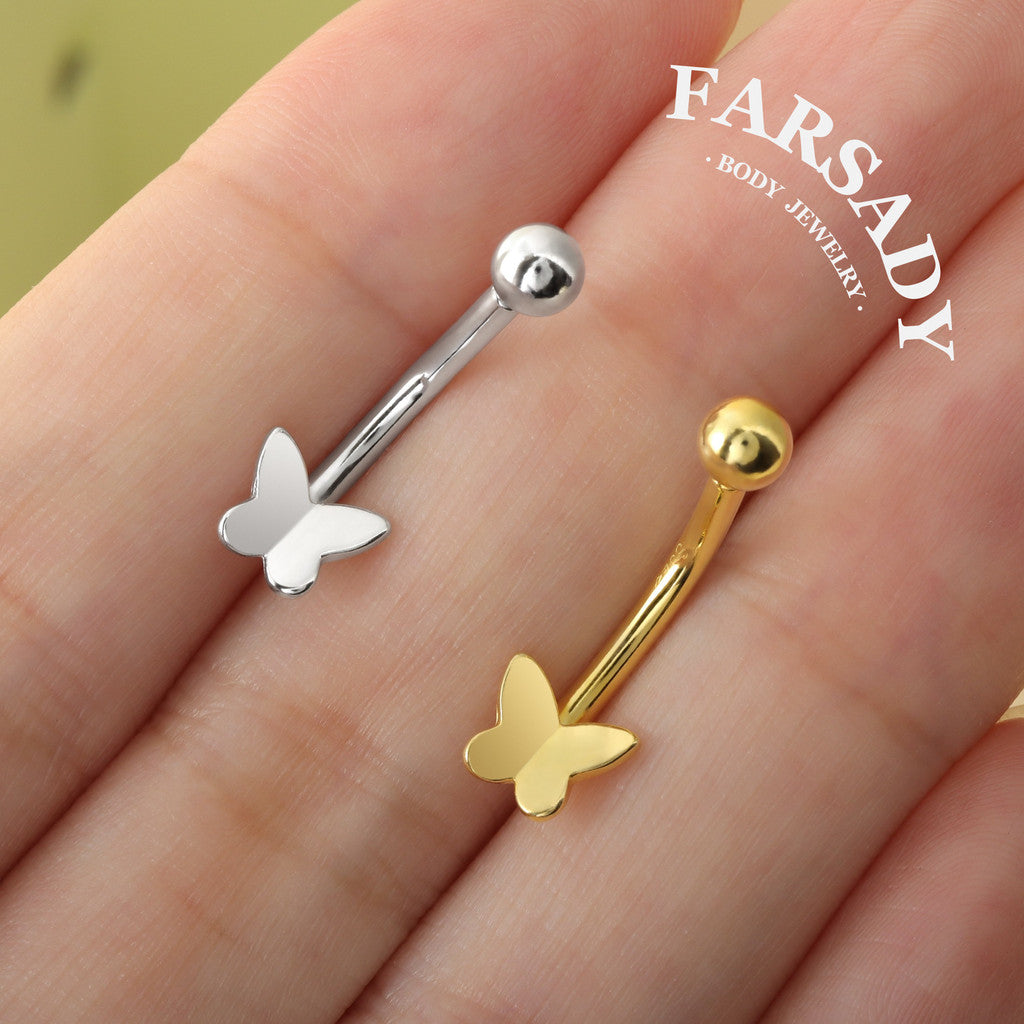 Plain Silver Butterfly - 925 Silver Belly Button Ring / Fits 14G Navel Piercing