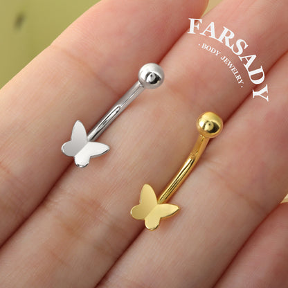 Plain Silver Butterfly - 925 Silver Belly Button Ring / Fits 14G Navel Piercing