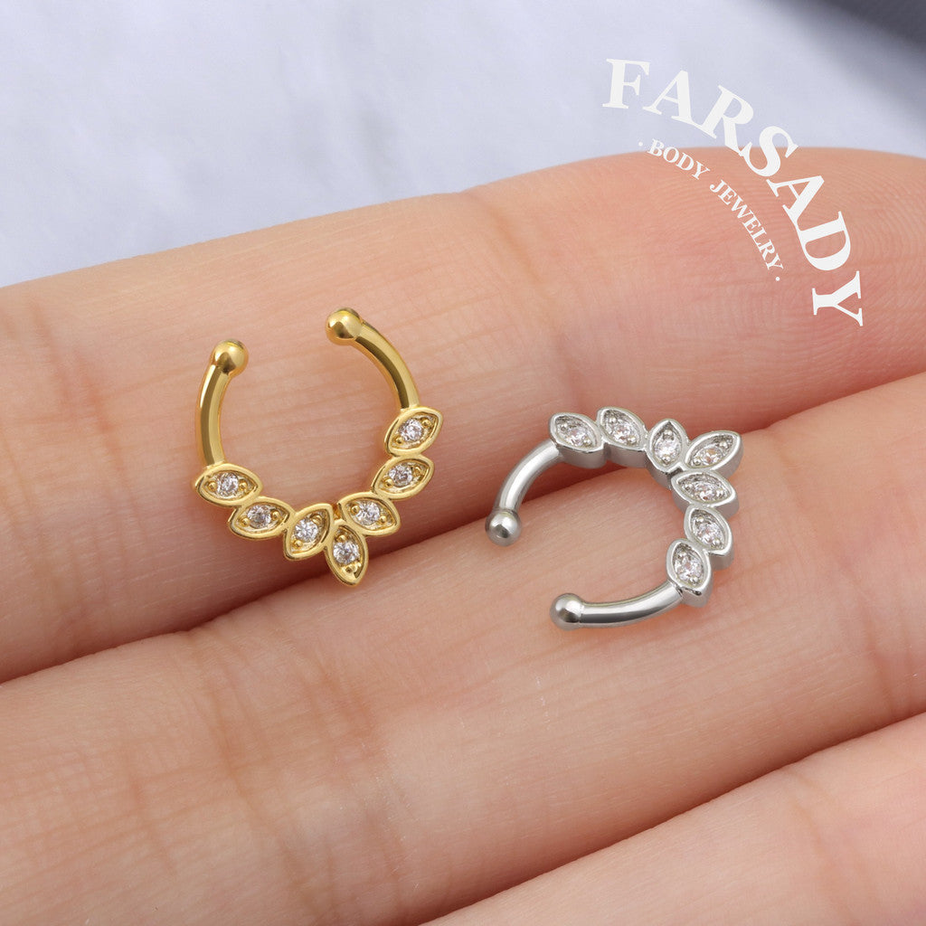 Curved Petal Radiance - 316L Fake Nose Ring C-Hoop Piercing / Fit Non-Pierced Septum Ring
