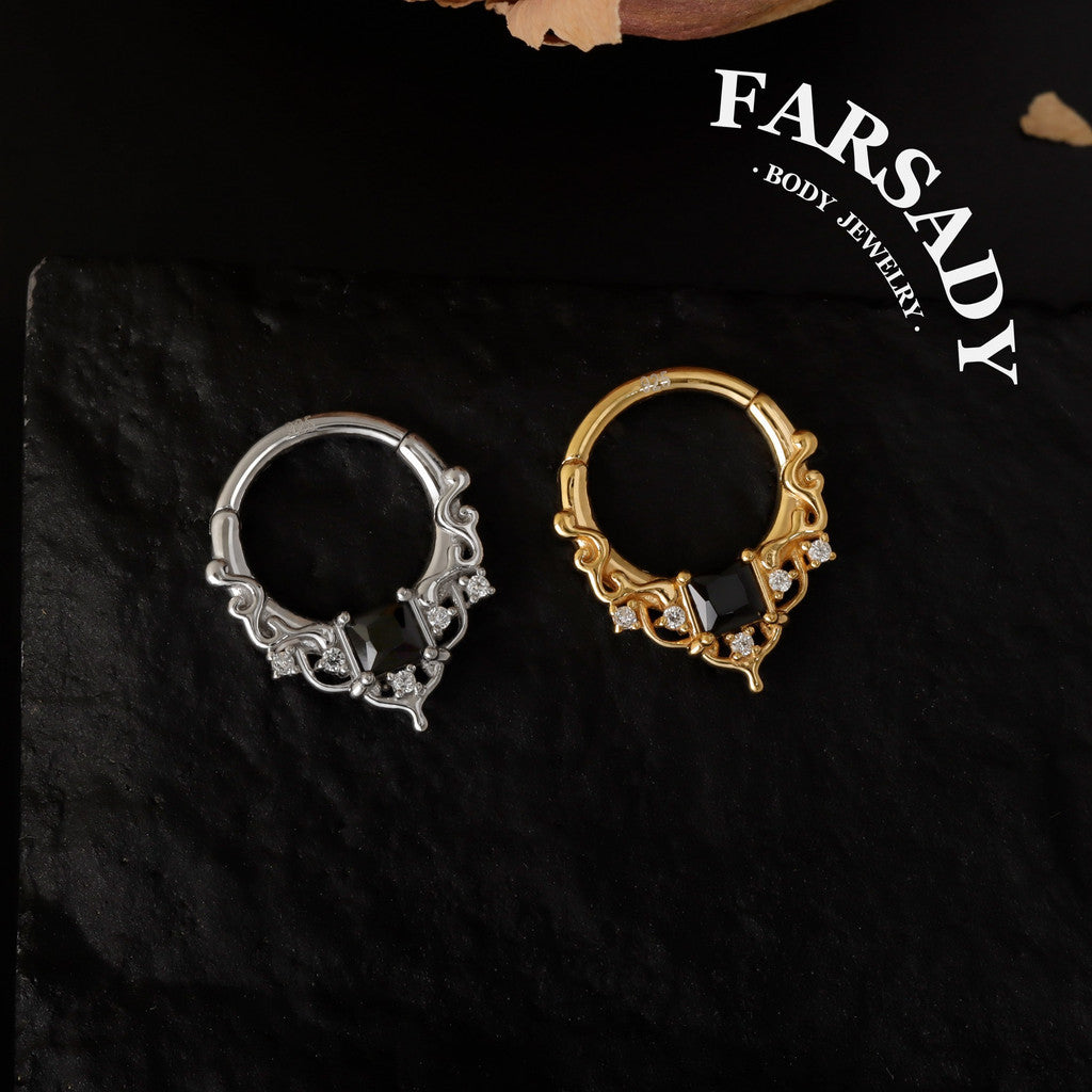Black CZ Byzantine Design Septum - 925 Sterling Silver Septum Ring| Hinged Segment Clicker| Nose/Helix/Daith/Lobe Clicker | Gold or Silver