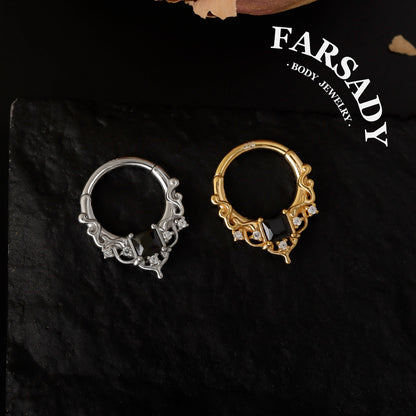 Black CZ Byzantine Design Septum - 925 Sterling Silver Septum Ring| Hinged Segment Clicker| Nose/Helix/Daith/Lobe Clicker | Gold or Silver