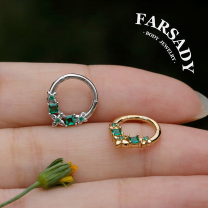 Sterling Silver Flower Green Zircon Daith Hoop Earrings Handmade Daith Piercing Jewelry Hinged Septum Ring Unique Helix Tragus Lobe Cartilage Earrings Daily Wear Gift for Her