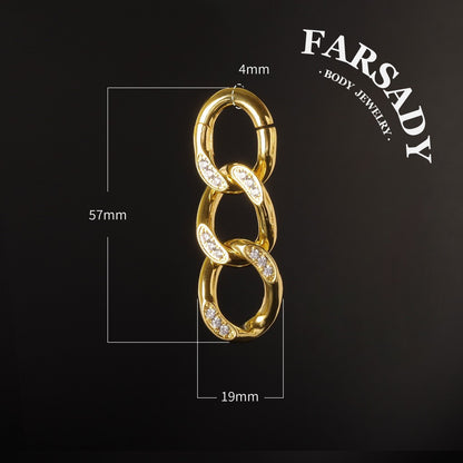Cuban Chain Ear Weights Hanger Easy Closure Mirror Polished CZ Paved Ear Gauge Jewelry 4mm Steel Weighted Ear Hoop Clicker for Stretched Earlobe