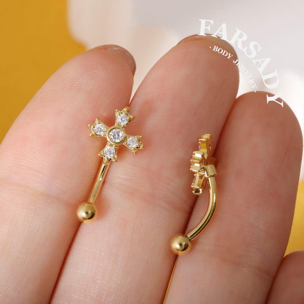 Four-Petal Star Cross - 316L Clear CZ Curved Barbell / Fits 16G Rook Daith Earring Lip Eyebrow Cartilage Piercing