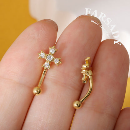 Four-Petal Star Cross - 316L Clear CZ Curved Barbell / Fits 16G Rook Daith Earring Lip Eyebrow Cartilage Piercing