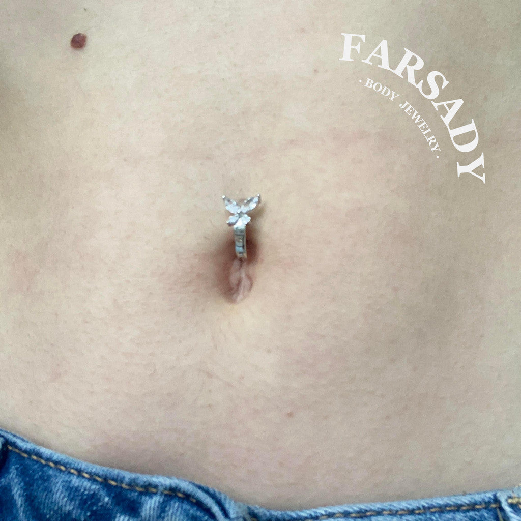 Four-Leaf Butterfly - 925 Silver Clear CZ Belly Button Ring / Fits 14G Navel Piercing