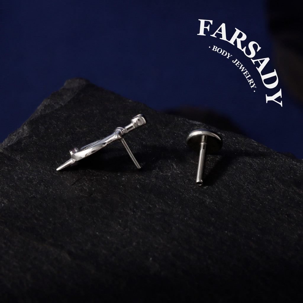 Lunar Sword - 925 Silver Threadless Stud / Fits Cartilage Helix Tragus Lobe Nostril Piercing