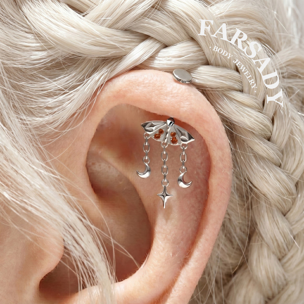 Crimson Moth - 925 Silver Threadless Stud / Fits Vertical Helix Hidden Rook Earring