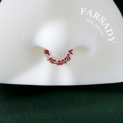 Scarlet Coil - Red Wire Spike Hinged Clicker Hoop / Fits 16G Septum Ring Helix Conch Cartilage Earring