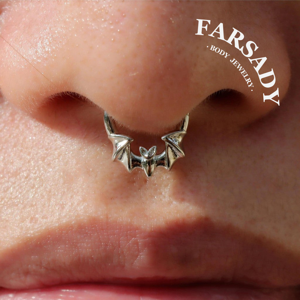 16G Bat Septum Ring Hinged Daith Earring Shine Nostril Clicker Nose Hoop Silver Gold Black Colors Daily Wear Piercing Jewelry Individually Packaged Gift for Her