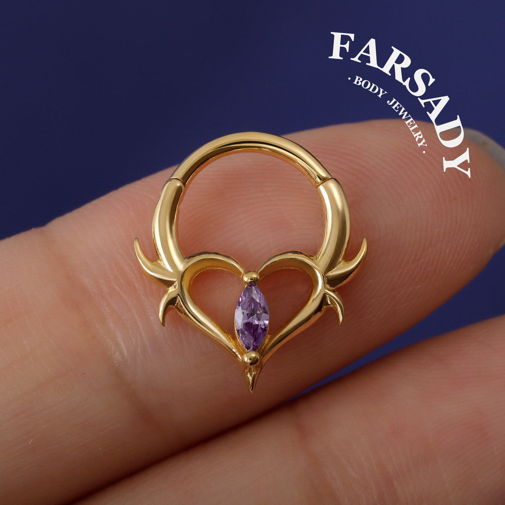 16G Heart Thorn Hinged Daith Earring Hoop, Gothic Purple CZ Septum Ring, Edgy Helix Tragus Conch Clicker  Sterling Silver, Original Design