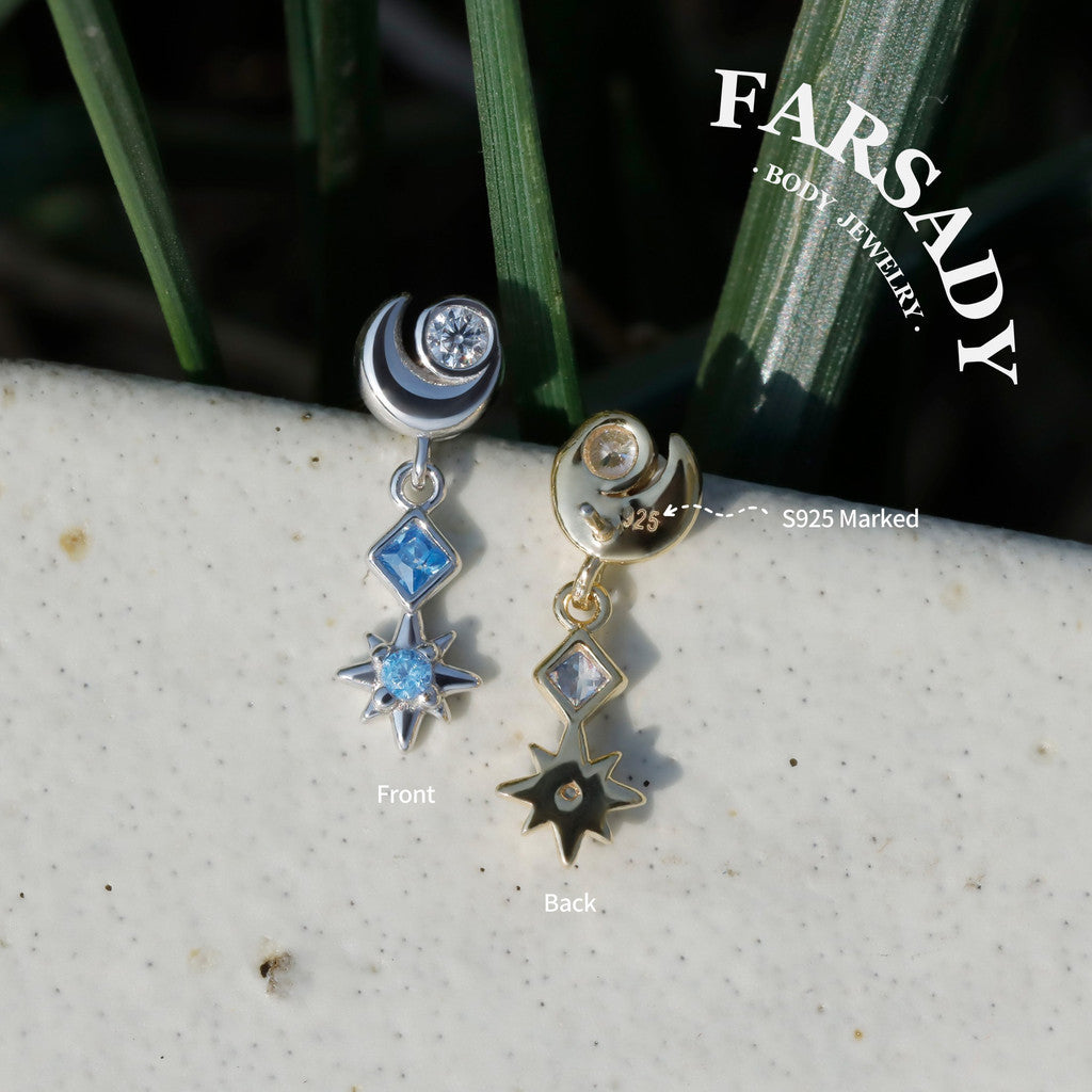 Luna Flare Dangle Threadless Push In Helix Stud, Sterling Silver Cartilage Stud, Flat Back Titanium Post, Design Satr Tragus/ Lobe Earring