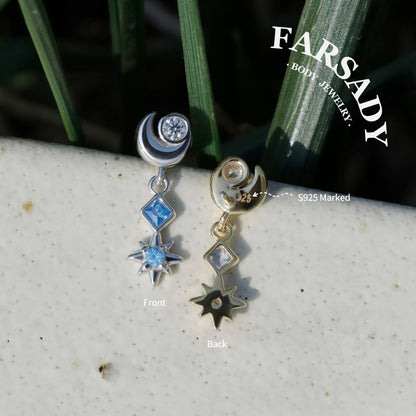 Luna Flare Dangle Threadless Push In Helix Stud, Sterling Silver Cartilage Stud, Flat Back Titanium Post, Design Satr Tragus/ Lobe Earring