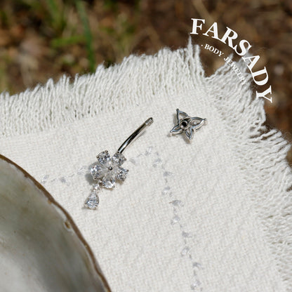 14G Belly Button Ring – 925 Silver 18K Gold Plated| Clear CZ Flower Butterfly Dangle Bar| Hypoallergenic Navel Piercing Jewelry| Waterproof