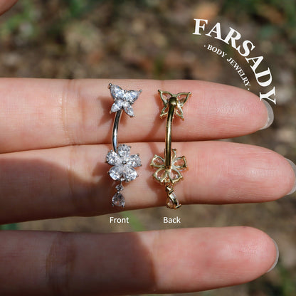 14G Belly Button Ring – 925 Silver 18K Gold Plated| Clear CZ Flower Butterfly Dangle Bar| Hypoallergenic Navel Piercing Jewelry| Waterproof