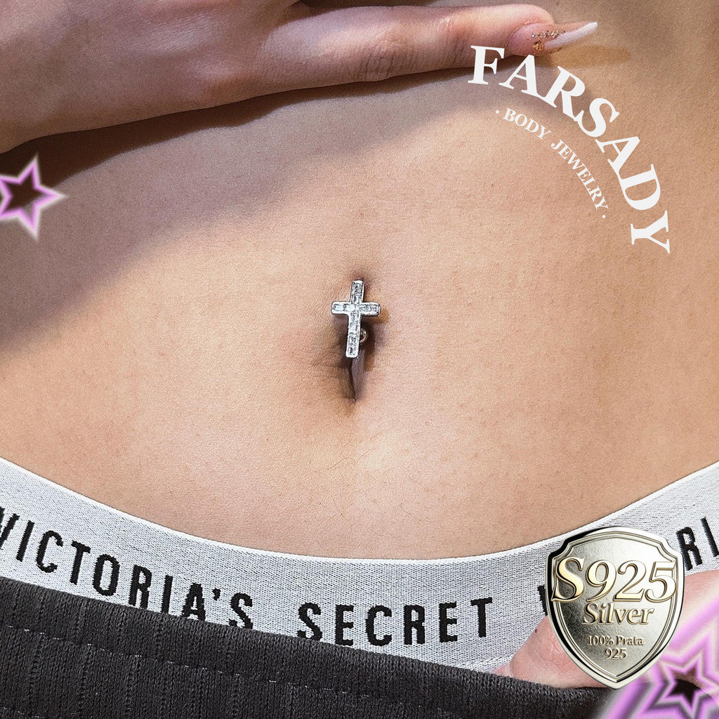 14G S925 Sterling Silver Cross CZ Belly Button Ring 6mm 8mm 10mm 12mm Bar Length Navel Piercing Elegant Daily Wear Jewelry With Gift Box