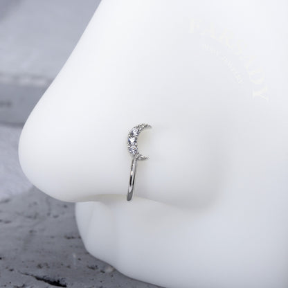 Paved CZ Crescent Moon - 925 Silver Fake Nose Ring / Fit Non-Pierced Nose Ring