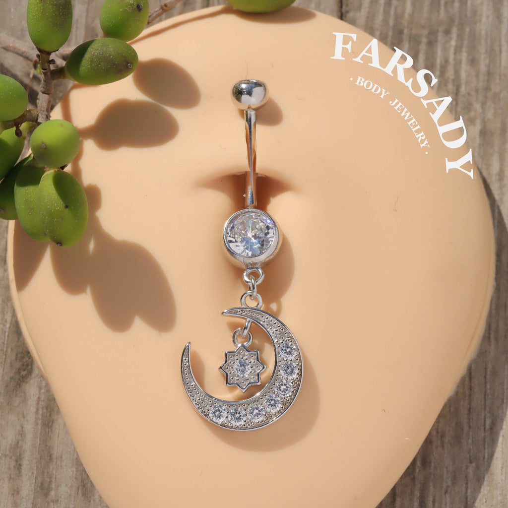 Midnight Orbit - 925 Silver Clear CZ Belly Button Ring / Fits 14G Navel Piercing