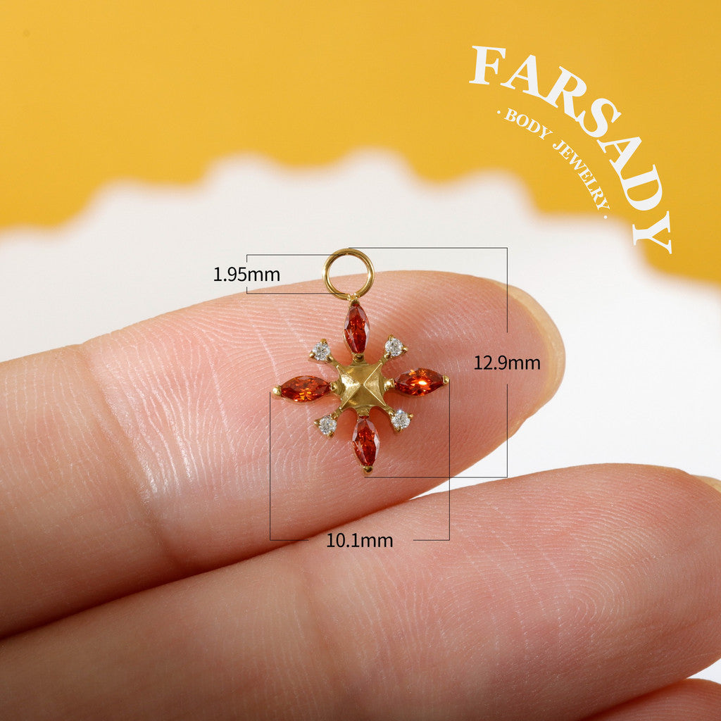 Amber Compass Star - F136 Titanium Red CZ Dangle Charm / Interchangeable Hoop Earring Pendant for Helix Daith Cartilage Piercing