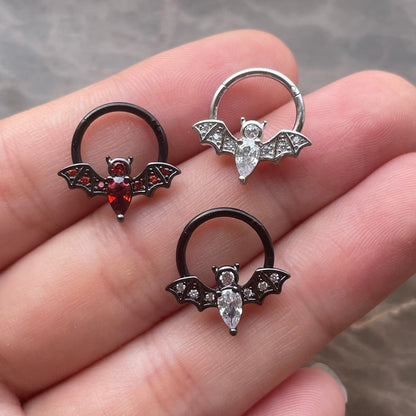Night Bat - CZ Hinged Clicker Hoop / Fits 16G Septum Ring Helix Conch Cartilage Earring