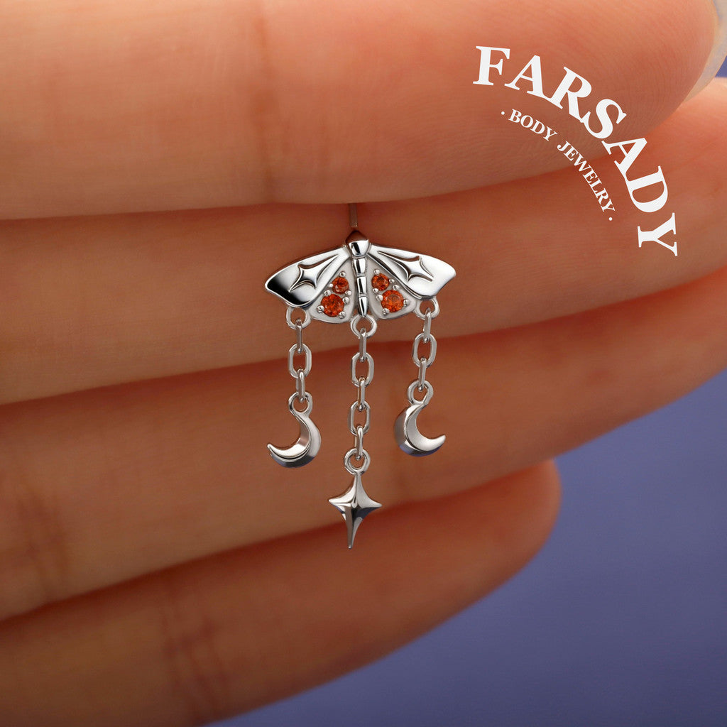 Crimson Moth - 925 Silver Threadless Stud / Fits Vertical Helix Hidden Rook Earring