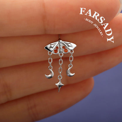 Crimson Moth - 925 Silver Threadless Stud / Fits Vertical Helix Hidden Rook Earring