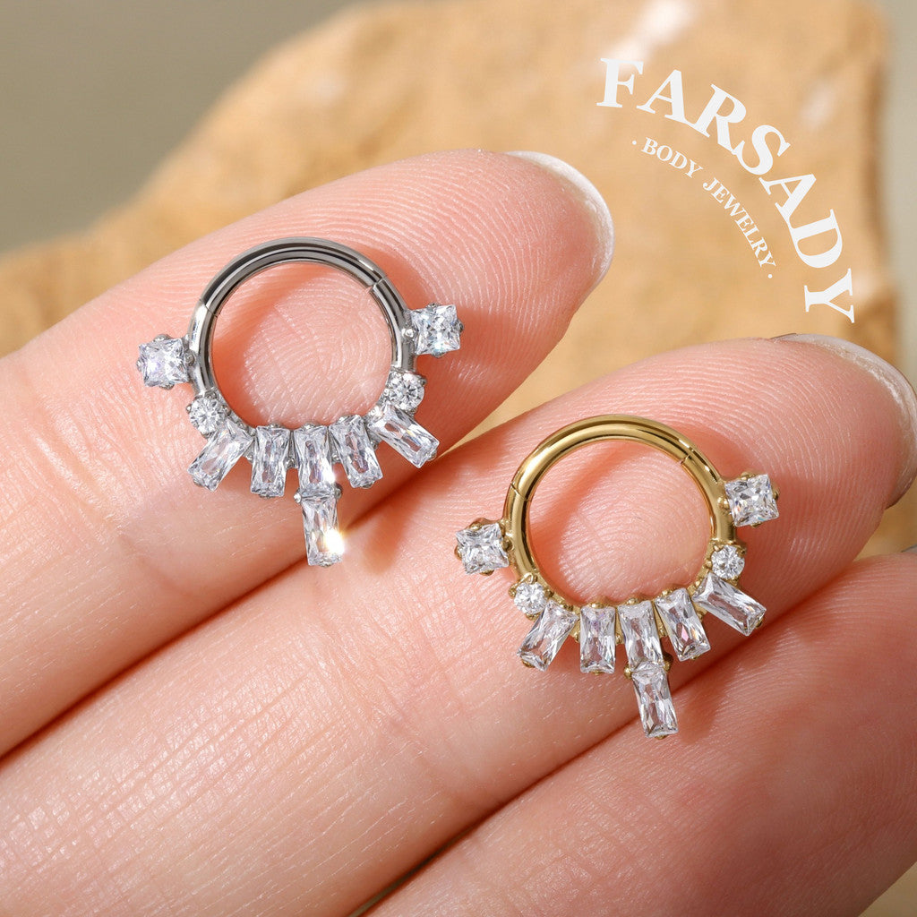 Crystal Crest - F136 Titanium Hinged Clicker Hoop / Fits 16G Septum Ring Helix Conch Cartilage Earring