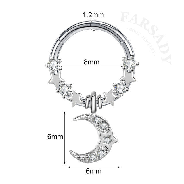 Moon Star - CZ Dangle Hinged Clicker Hoop / Fits 16G Septum Ring Helix Conch Cartilage Earring