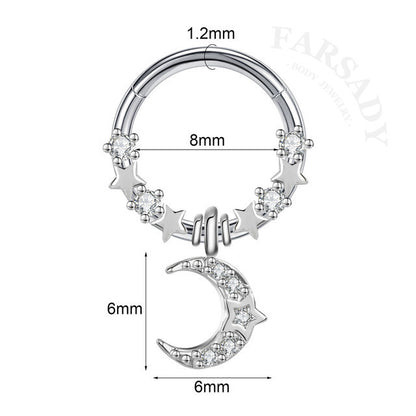 Moon Star - CZ Dangle Hinged Clicker Hoop / Fits 16G Septum Ring Helix Conch Cartilage Earring