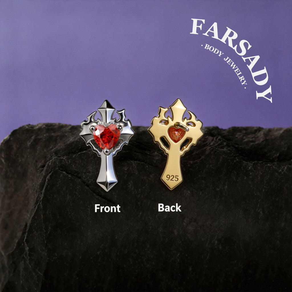 Goth Heartfire - 925 Silver Threadless Stud / Fits Cartilage Helix Tragus Lobe Nostril Piercing