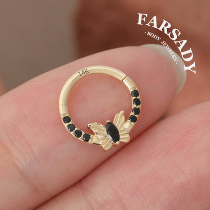Noir Flutter - Solid 14K Gold Hinged Clicker Hoop / Fits 16G Septum Ring Helix Conch Cartilage Earring