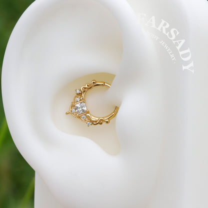 Byzantine Art Septum Ring Sterling Silver Plated 18k Gold/ 16G Hinged Septum Clicker/ 8mm Daith Hoop Earring/ Helix Tragus Piercing Jewelry