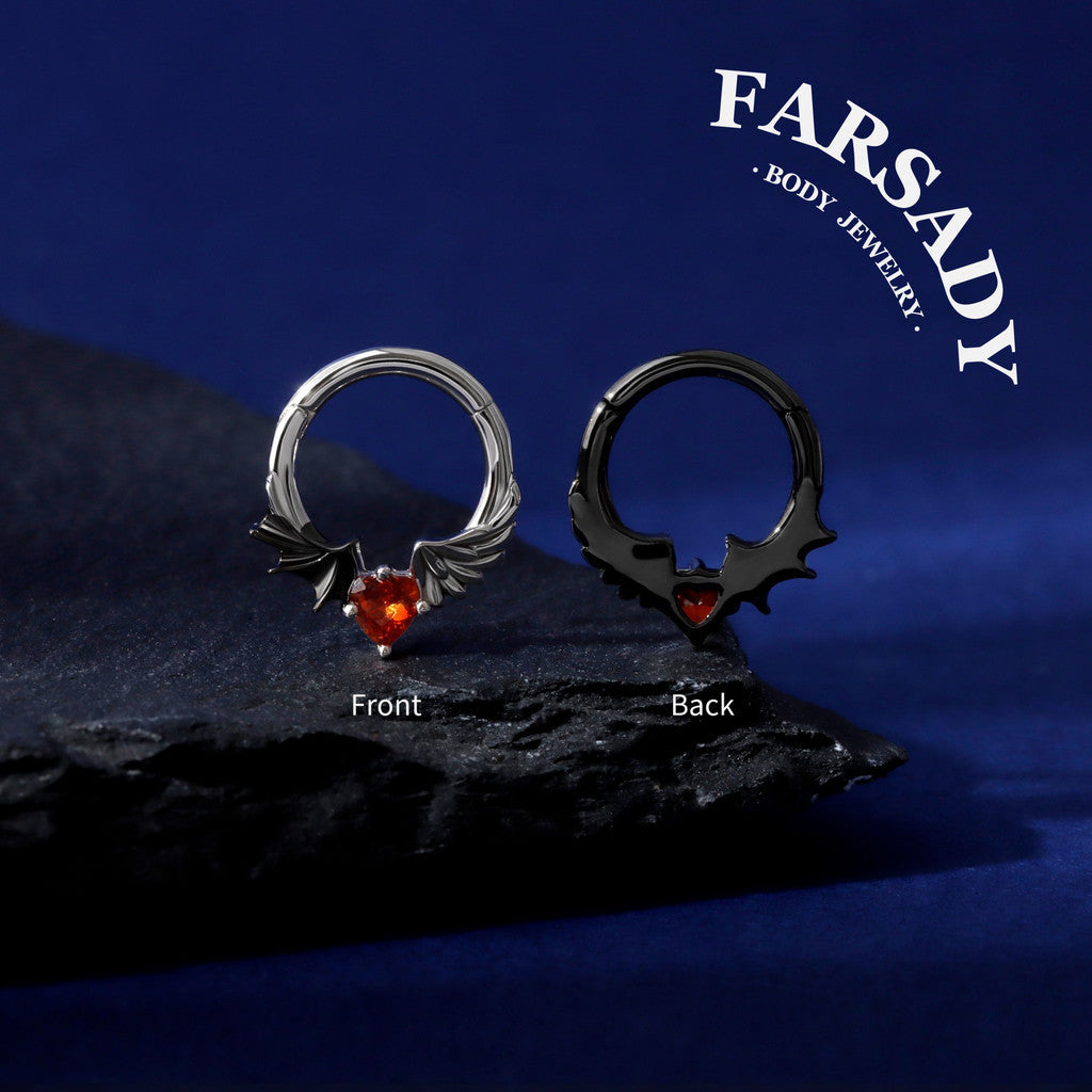 16G Angel Vs Devil Septum Ring S925 Sterling Silver Red CZ Heart Septum Jewelry Hinged Heart Daith Ear Hoop Gothic Helix Piercing Daily Wear Gift for Her